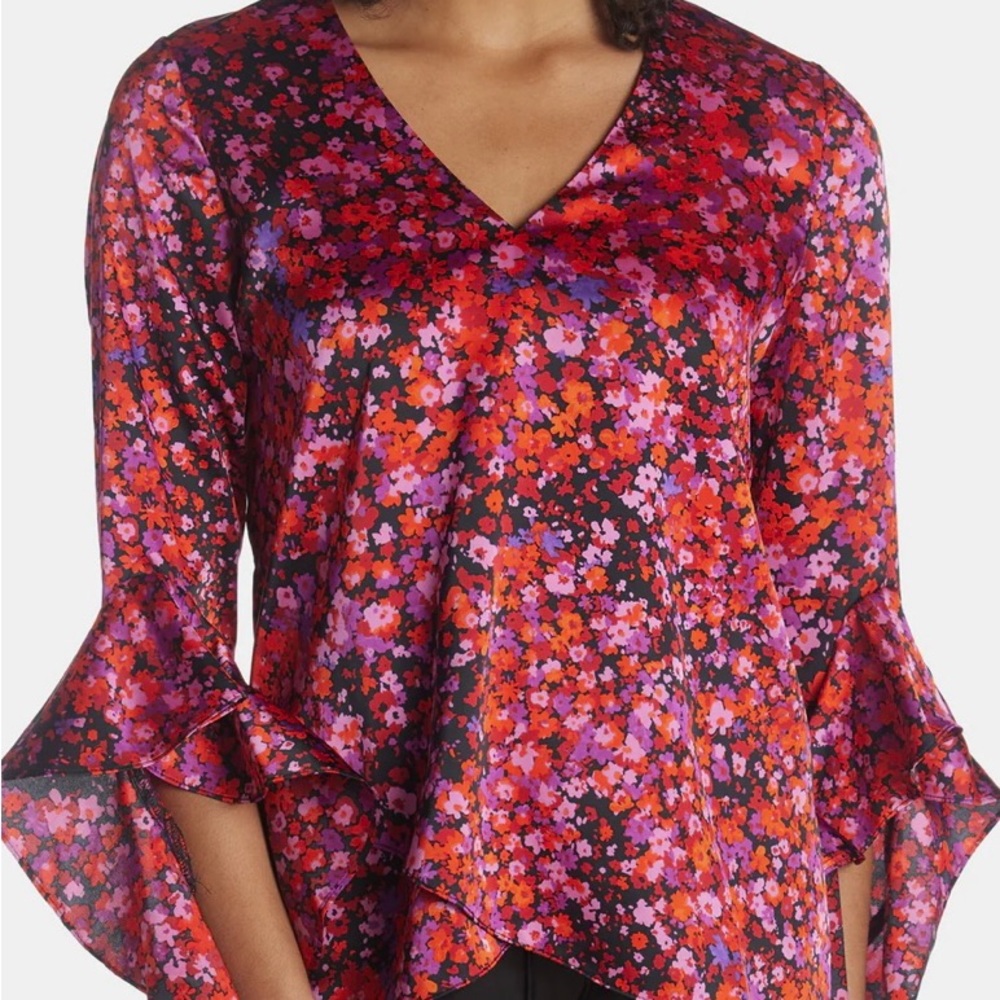 Vince Camuto Floral Ruffle Bell Sleeve Top in Pink Multi